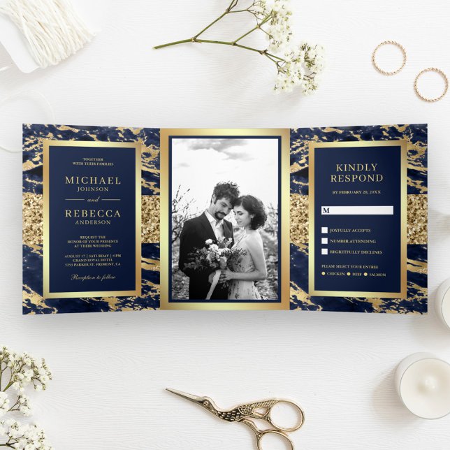 Gold Glitter Navy Blue Marble Photo Wedding Tri-Fold Invitation (Creator Uploaded)