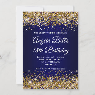 Gold Glitter Navy Blue Ombre 18th Birthday Invitation