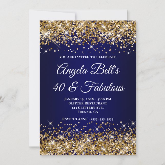 Gold Glitter Navy Blue Ombre 40 & Fabulous Invitation (Front)