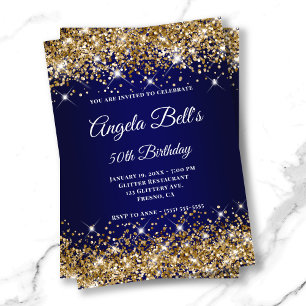 Gold Glitter Navy Blue Ombre Fancy Monogram Invitation