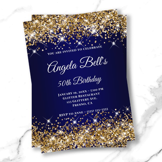 Gold Glitter Navy Blue Ombre Fancy Monogram Invitation (Gold Glitter Navy Blue Ombre Fancy Monogram Invitation)