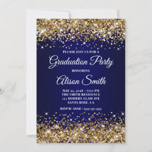 Gold Glitter Navy Blue Ombre Graduation Party Invitation