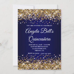 Gold Glitter Navy Blue Ombre Quinceanera Invitation