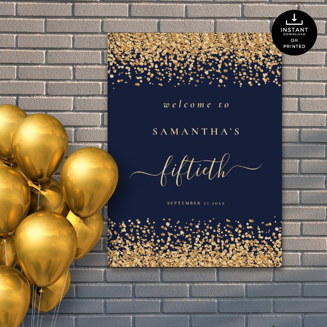 Gold Glitter Navy Blue Script Welcome 50th Party Poster (Creator Uploaded)
