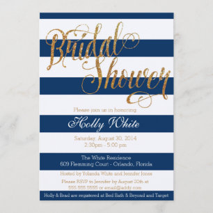 Gold Glitter Navy Stripe Bridal Shower Invitation