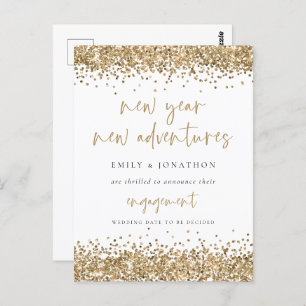 Gold Glitter New Year Adventures White Engagement Postcard