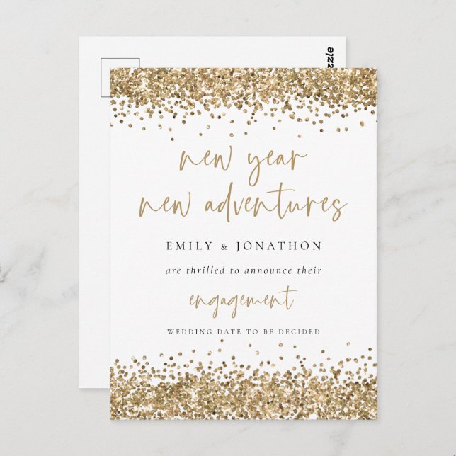 Gold Glitter New Year Adventures White Engagement Postcard (Front/Back)
