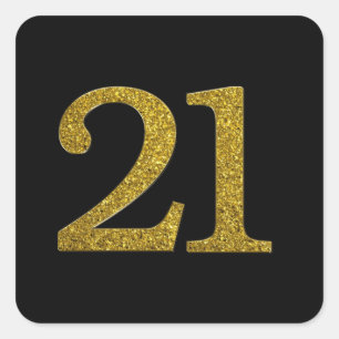 Gold Glitter Number 21 Wide Font Square Sticker