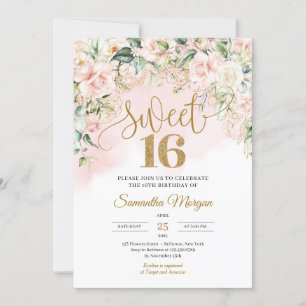 Gold glitter number soft pink roses sweet sixteen invitation