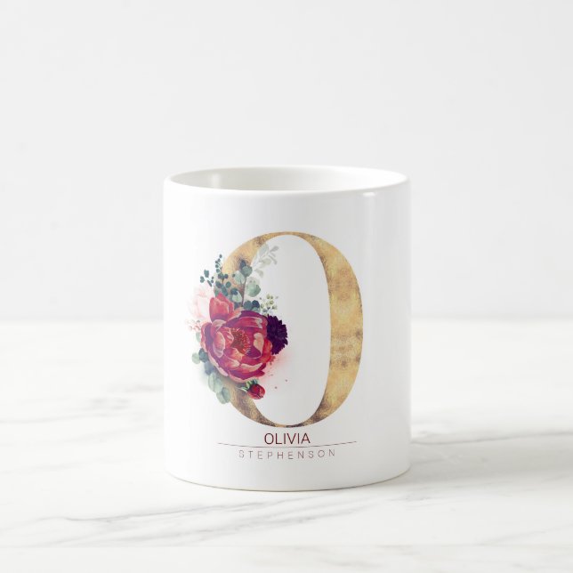 Gold Glitter O Monogram Floral Burgundy Red Coffee Mug (Center)
