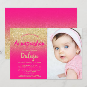 Gold glitter ombre pink script photo Annaprashan Invitation