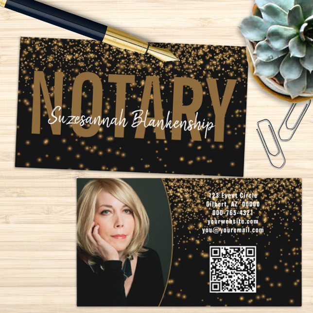 Gold Glitter On Black Custom Photo QR Code Notary Business Card (Creator Uploaded)