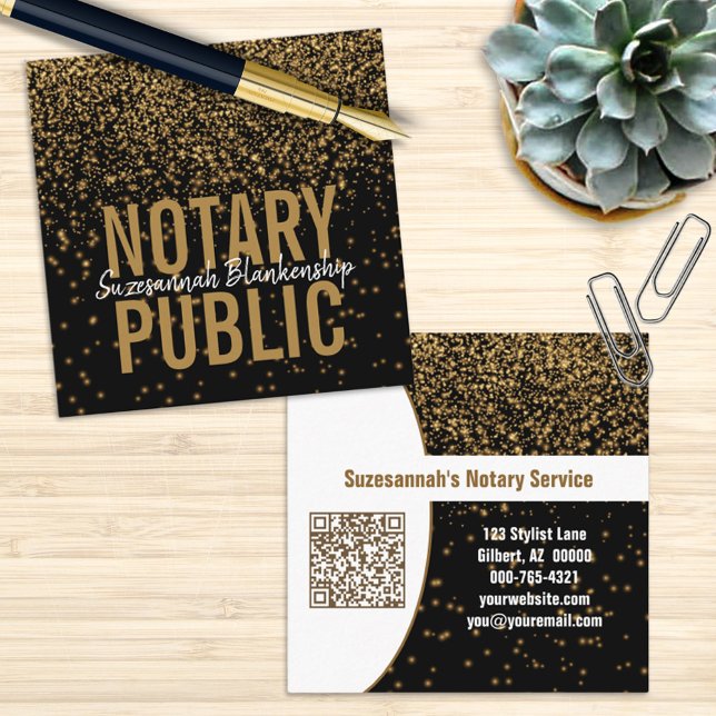 Gold Glitter On Black Custom QR Code Notary  Square Business Card (Creator Uploaded)