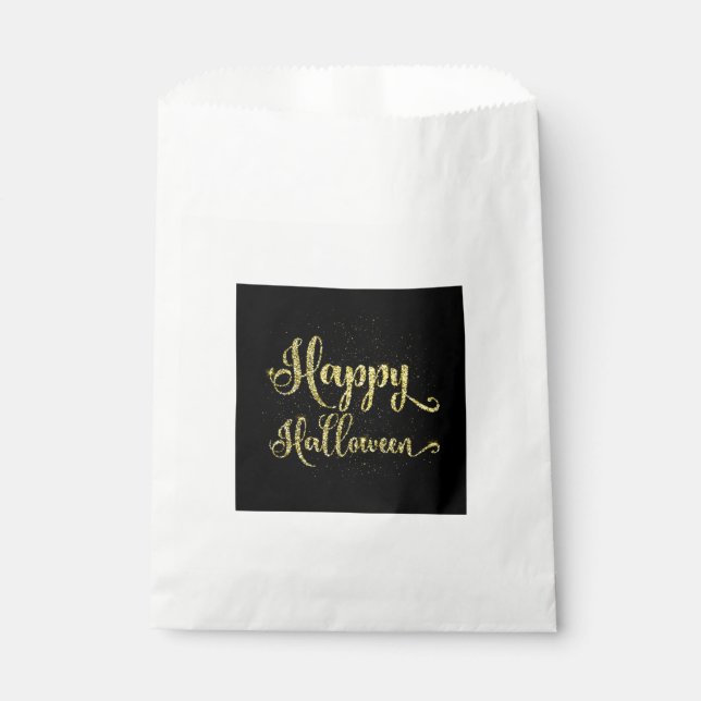 Gold Glitter On Black Happy Halloween Favour Bag (Front)