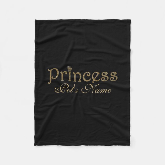 Gold Glitter on Black Personalized Princess Pet Fleece Blanket (Front)