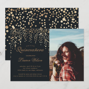 gold glitter on black Quinceanera Photo Invitation