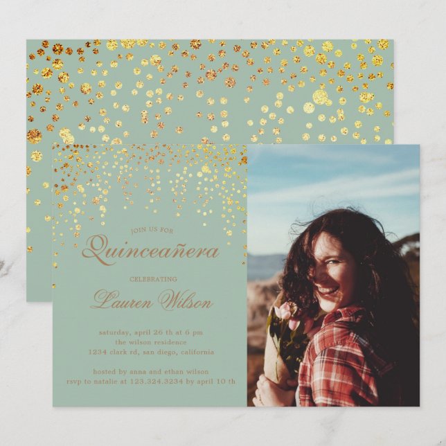 gold glitter on green Quinceanera Photo Invitation (Front/Back)