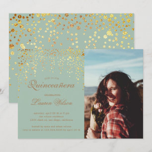 gold glitter on green Quinceanera Photo Invitation