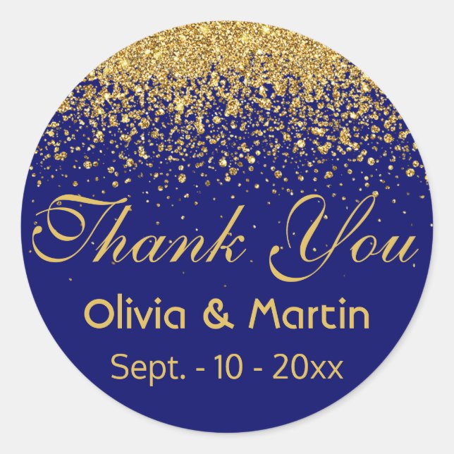Gold Glitter on Royal Blue Classic Round Sticker (Front)