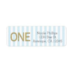 Gold Glitter ONE 1st Blue Stripes Address Labels