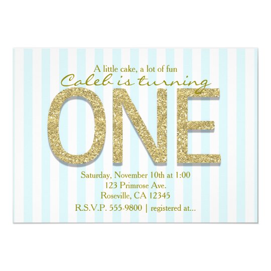 GOLD GLITTER ONE Blue Stripe 1st Party Invitations