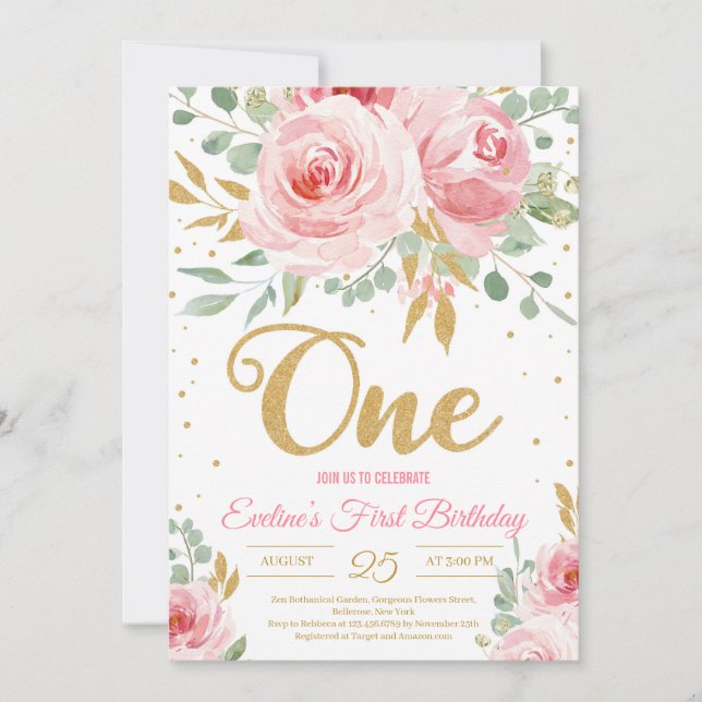 Gold glitter one blush pink floral first birthday invitation (Front)