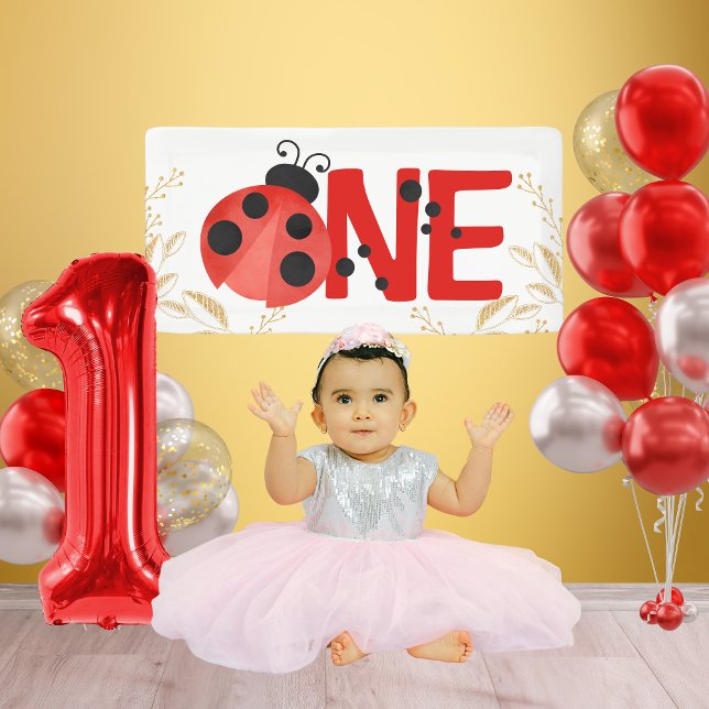Gold Glitter ONE Ladybug Birthday Mini Banner (Light Pink Salmon Mini Watercolor Ladybug ONE Hanging Vinyl Banner for Photoshoot or Cake Smash)