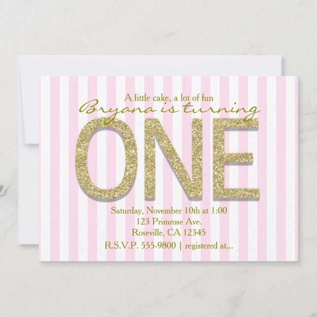 GOLD GLITTER ONE Pink Stripe 1st Party Invitations (Front)