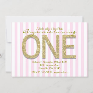 GOLD GLITTER ONE Pink Stripe 1st Party Invitations