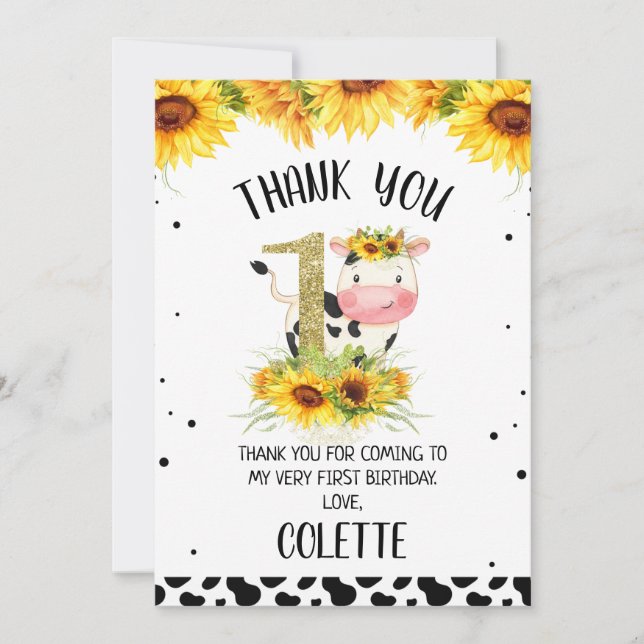Gold Glitter One Sunflower Cow Print 1st Birthday  Invitation (Front)