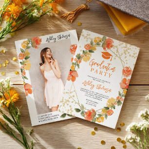 Gold glitter Orange Yellow floral photo graduation Invitation
