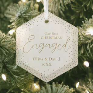 Gold Glitter Our First Christmas Engaged Script Glass Ornament