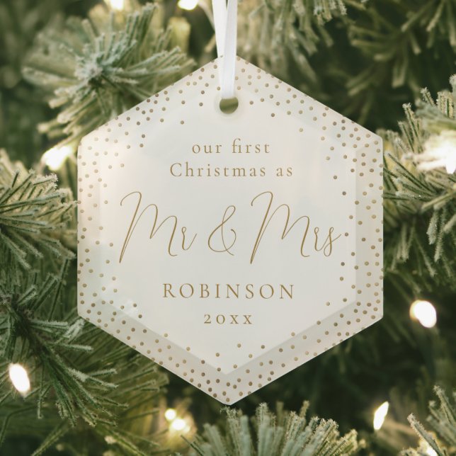 Gold Glitter Our First Christmas Mr & Mrs Script Glass Ornament (Insitu)