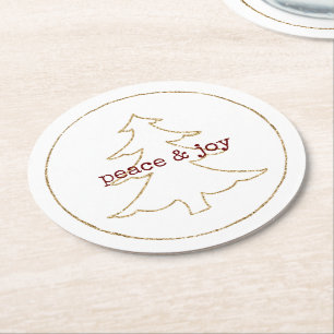 Gold Glitter Outline Christmas Tree Round Paper Coaster