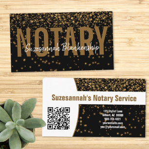 Gold Glitter Over Black Custom QR Code Notary Business Card