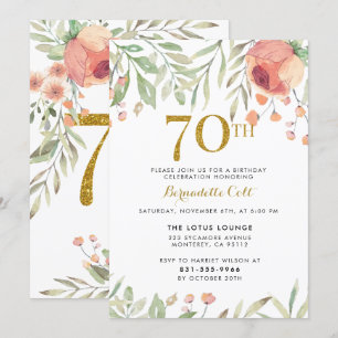Gold Glitter & Painted Roses 70th Birthday Party Invitation