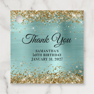 Gold Glitter Pale Turqoise 50th Birthday Thank You Favour Tags