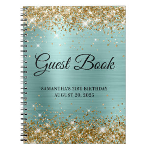Gold Glitter Pale Turquoise 21st Bday Guestbook Notebook