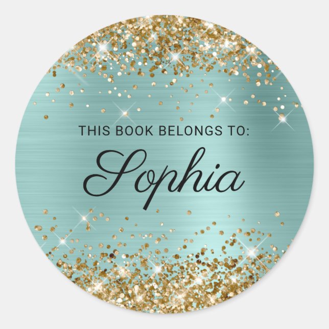 Gold Glitter Pale Turquoise Calligraphy Book Classic Round Sticker (Front)
