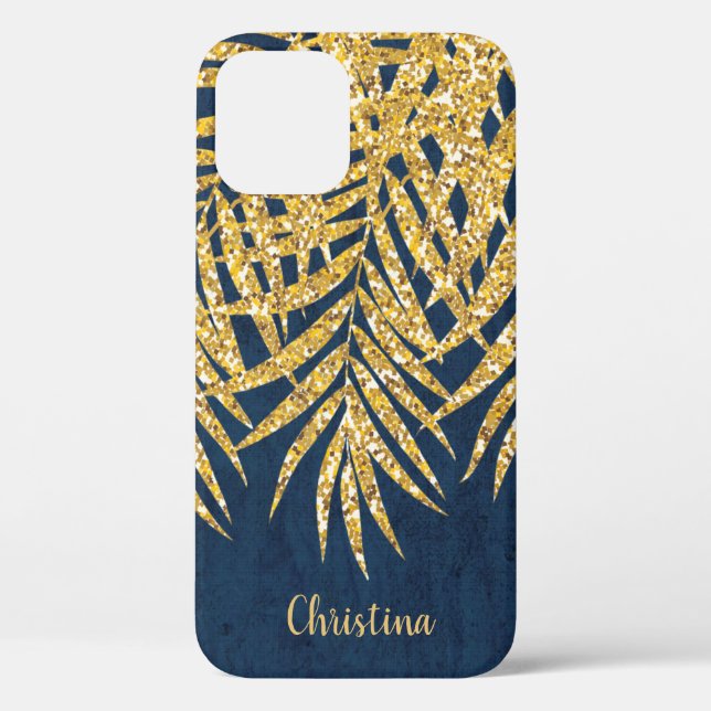 Gold Glitter Palm Fronds Name Personalized Navy Case-Mate iPhone Case (Back)