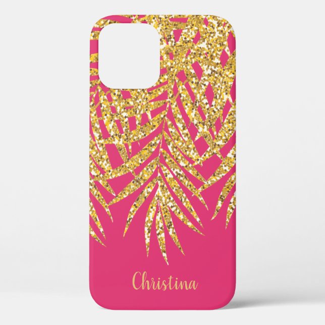 Gold Glitter Palm Fronds Name Personalized Pink Case-Mate iPhone Case (Back)