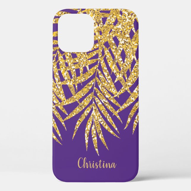 Gold Glitter Palm Fronds Name Personalized Purple Case-Mate iPhone Case (Back)
