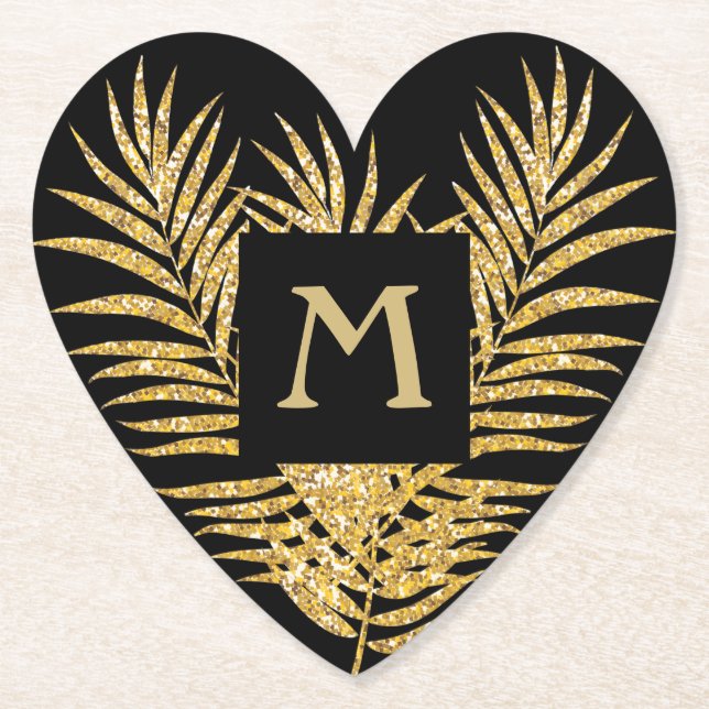 Gold Glitter Palm Fronds Paper Coaster (Front)