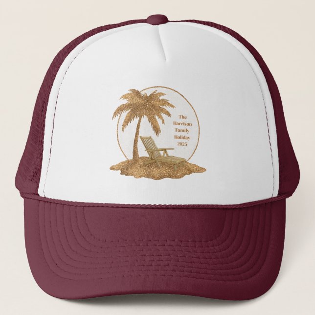 Gold Glitter Palm Tree with Custom Text Trucker Hat (Front)