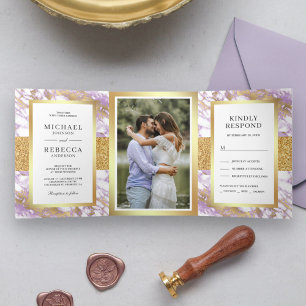 Gold Glitter Pastel Lavender Marble Photo Wedding Tri-Fold Invitation