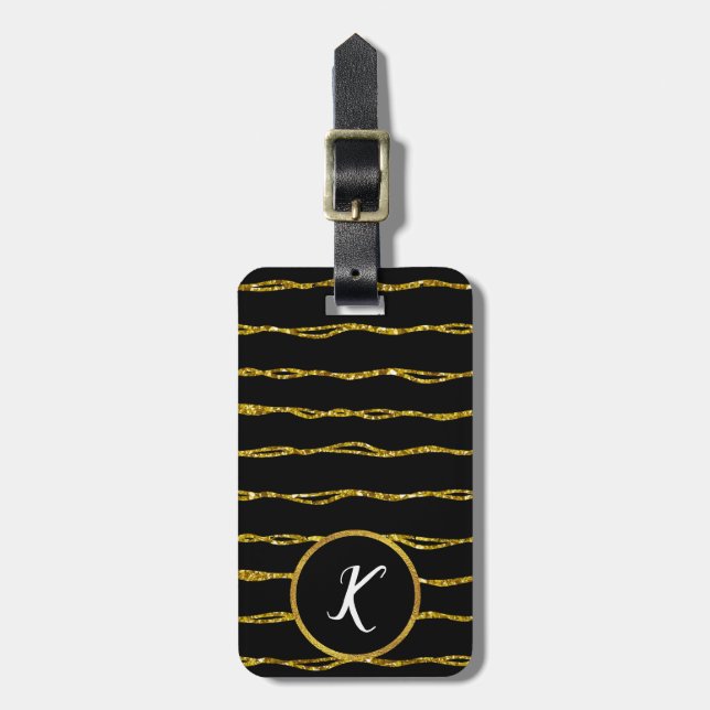 Gold Glitter Pattern and Black Luggage Tag (Front Vertical)