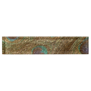Gold glitter peacock feathers nameplate
