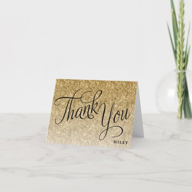 Gold Glitter Personalized Fancy Script Thank You Card (Front)