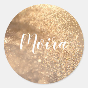 Gold Glitter Personalized White Cursive Lettering Classic Round Sticker