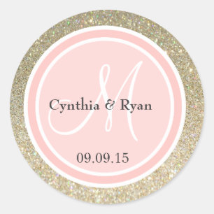 Gold Glitter & Petal Pink Wedding Monogram Classic Round Sticker